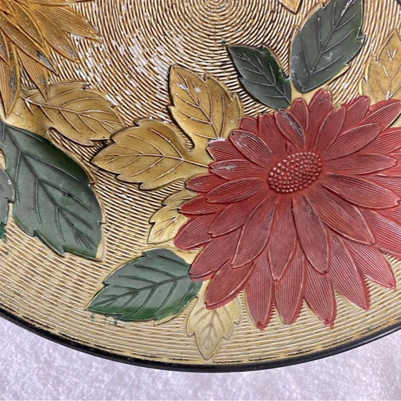 Vintage Nasco Lacquerware Textured Peony  Pedestal Bowl - Picture 9 of 14